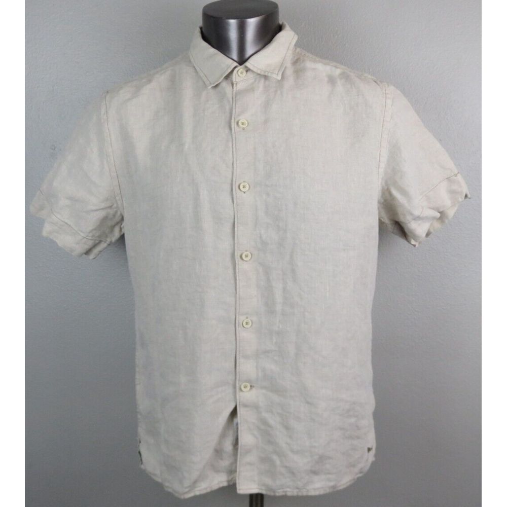Mens Tommy Bahama Button Front Shirt Linen Size L Light Brown Short Sleeve